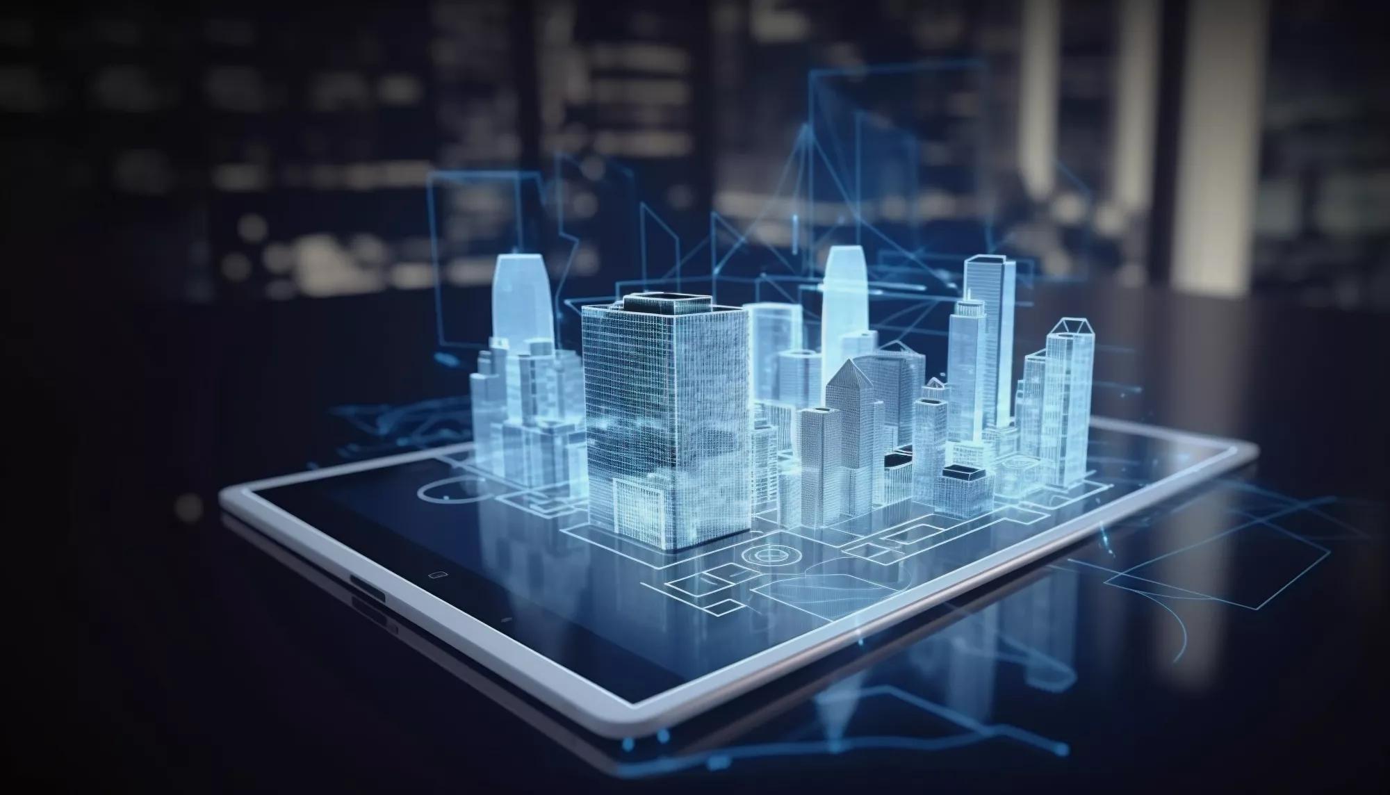 Making using digital tablet and modern buildings hologram. Real estate business and building technology concept. Generated AI.