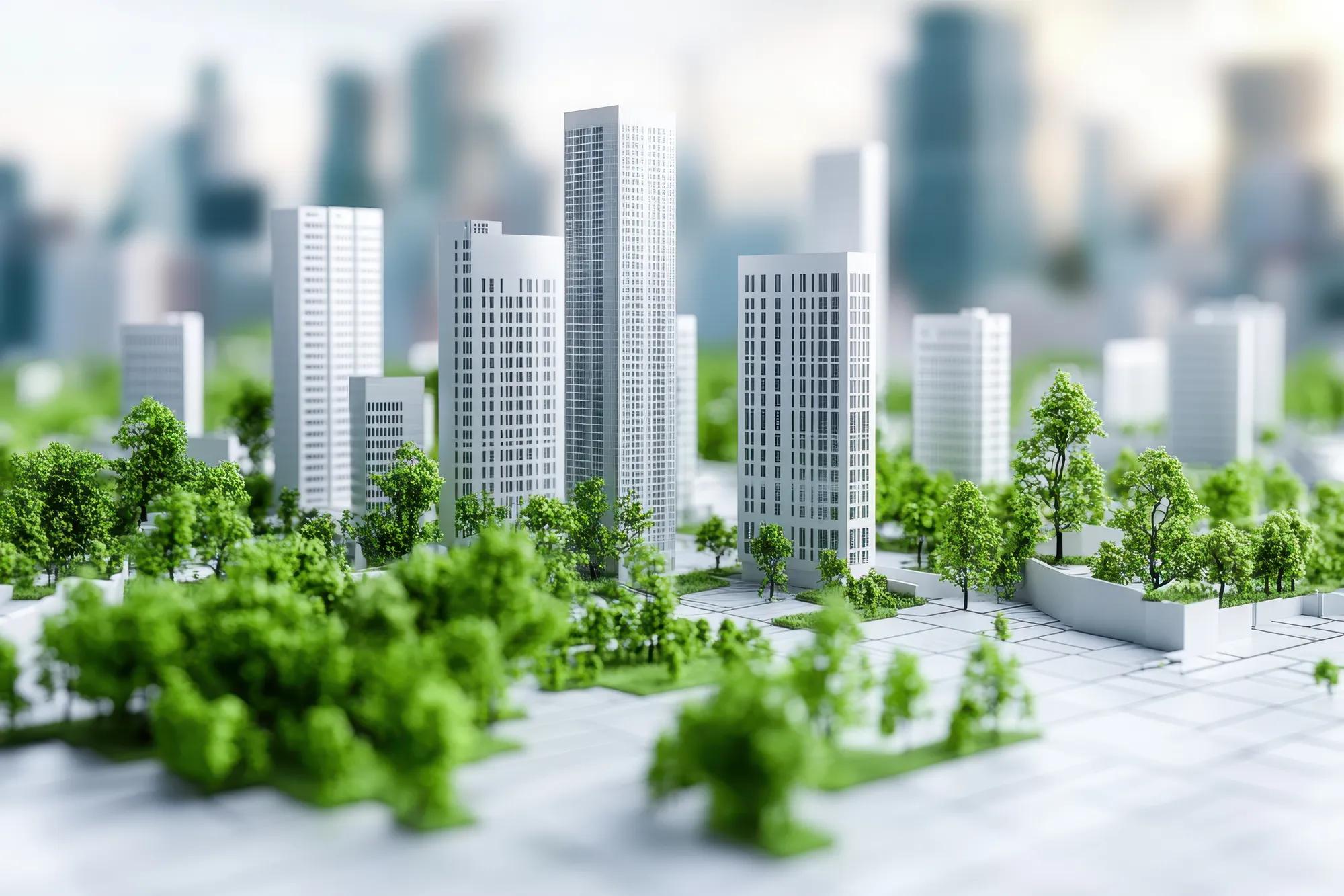 This architectural model features innovative skyscrapers surrounded by lush greenery in a bustling urban area.