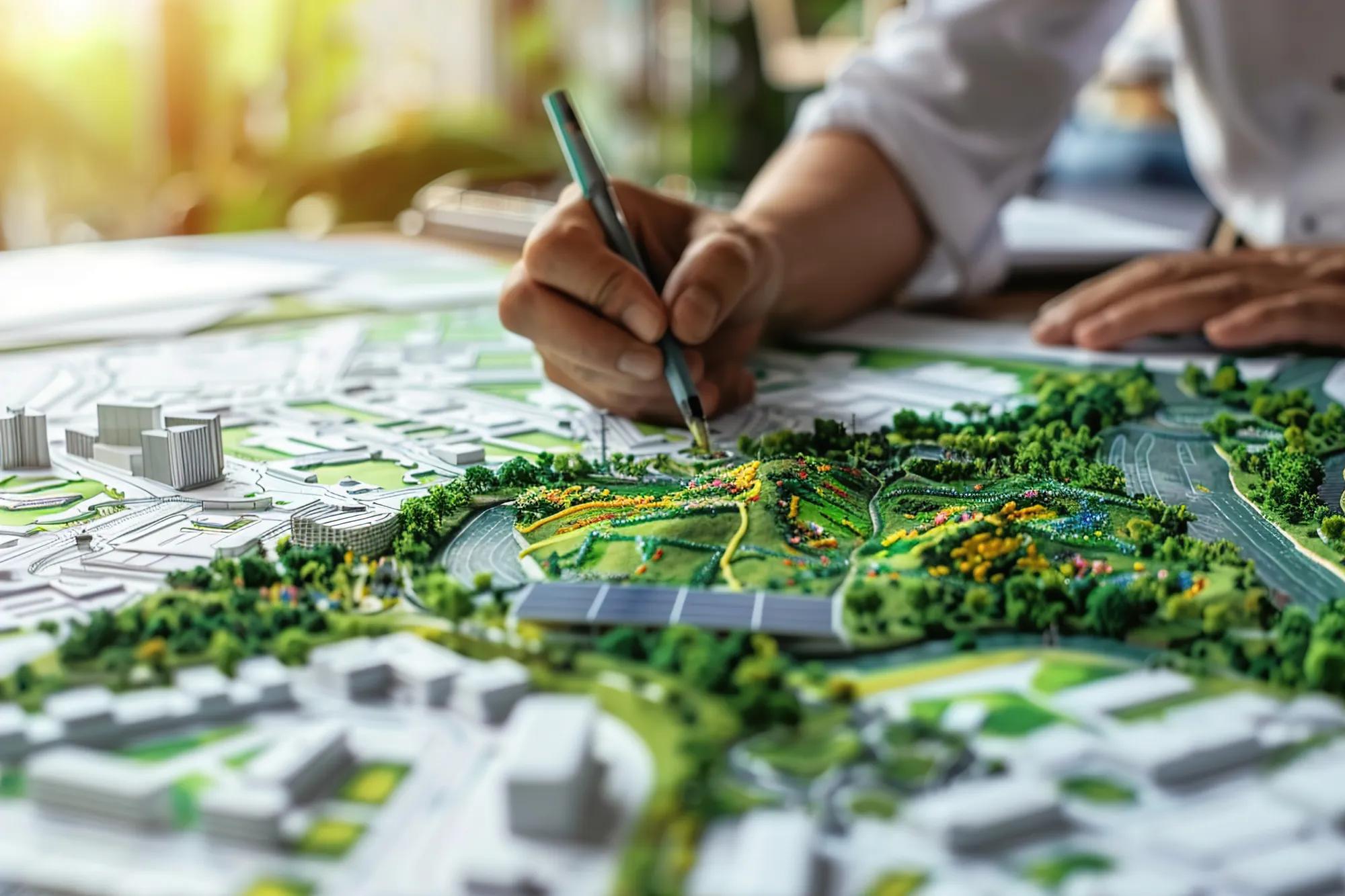 Urban planners sketching eco-friendly city layouts, solar panels, and green roofs, vibrant concept boards displayed.