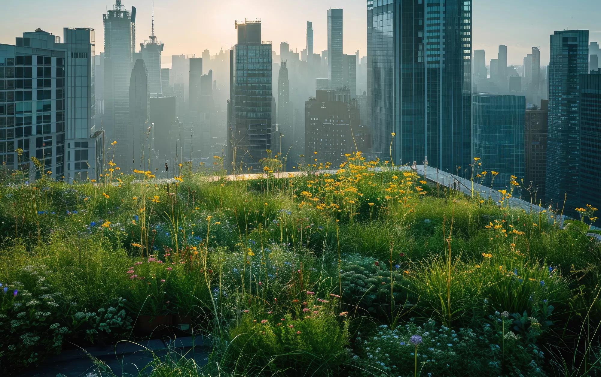 Photograph of a rewilded rooftop garden on a city skyscraper, showcasing urban biodiversity, morning light, Fujifilm X-T4, Fujinon XF 16mm f/1.4 lens --ar 16:10 --v 6 Job ID: 02eeece0-0784-4e13-8f5c-84fde8f84a42